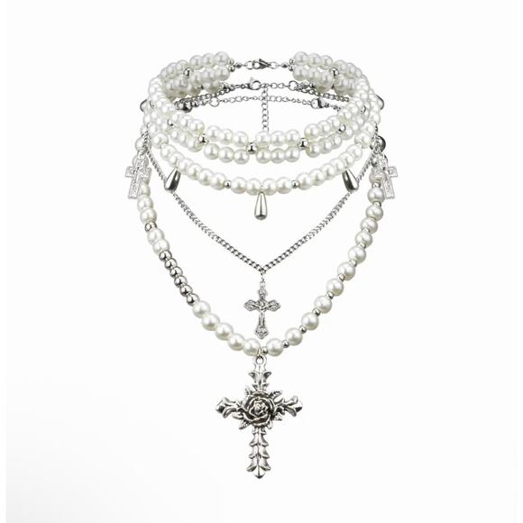 3 pcs Gothic Silver & Pearl Layered Cross Choker Necklaces Statement Madonna - Picture 1 of 8